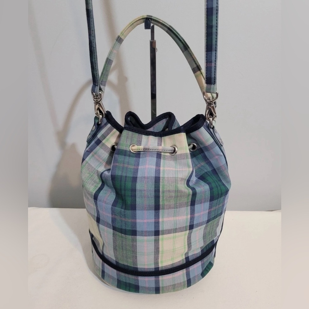 Vintage Tommy Hilfiger Plaid Drawstring Bucket Satchel Crossbody Bag Blue Green - Picture 2 of 16